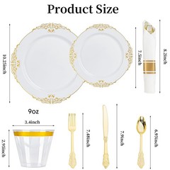 350PCS Gold and White Plastic Plates, Gold Plastic Dinnerware Sets for 50 Gue…