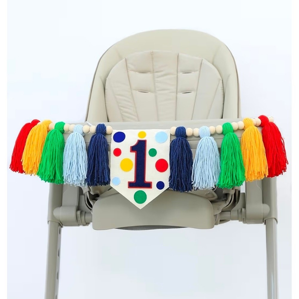 Colourful Rainbow Dot 1st High Chair Banner for Birthday Party Decoration