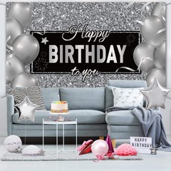 Sumind Black Silver Happy Birthday Banner Backdrop Party 185 x 110 cm,