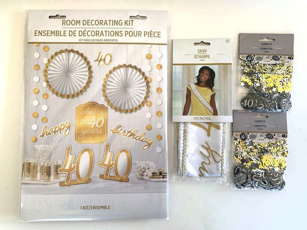 12 Piece 40th Birthday Room Decorating Kit w/ Sash & Confetti Gold Color