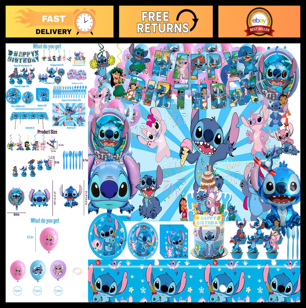 Stitch Birthday Party Supplies Set – 123 Pcs Decor Kit with Banner, Balloons, Pl