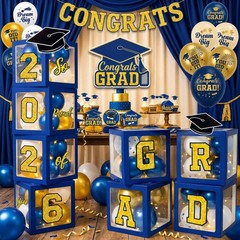 Navy Blue & Gold Graduation Decorations 2026 – Balloon Boxes, Table Decor & Ligh