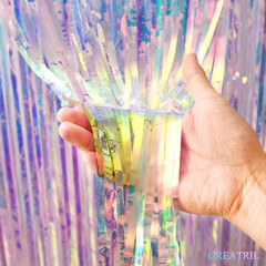 Iridescent Party Streamers Backdrop – Neon Transparent Holographic Tinsel Foil
