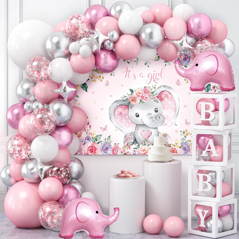 138Pcs Elephant Baby Shower Decorations Girl, Baby Boxes with Letters & Pink Whi