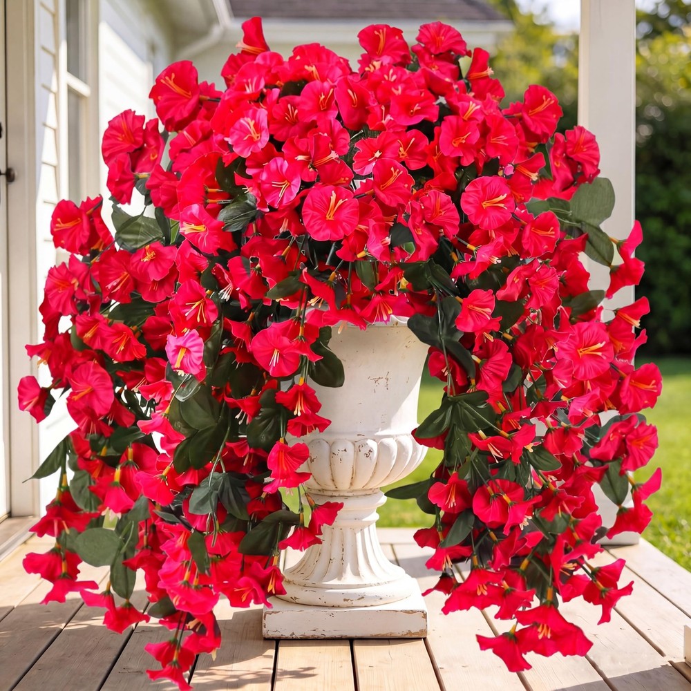 Sggvecsy Artificial Fake Hanging Flowers Plants for Outdoor 2Pcs, Rose Red