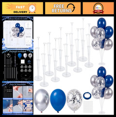 10 Balloon Stand Kits with Blue Silver Balloons – Centerpiece Decor for Parties