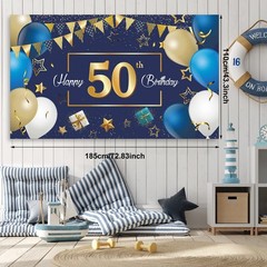 Navy Blue 50th Happy Party Decorations Blue and Gold 50 Photography Backdrop …