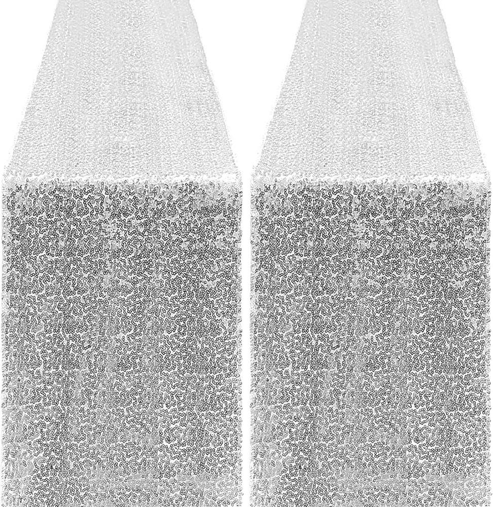 2 Packs 12 x 72 inches Sequin Table Runner, Silver Glitter Table Runner for