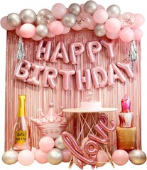Pink Birthday Decorations Set with Banner, Balloons, and Fringe Curtains
