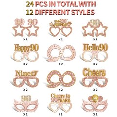 24PCS 90th Birthday Paper Eyeglasses Decorations for Women, Pink Rose Gold Ha…