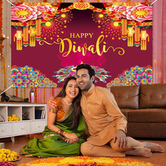 Happy Diwali Backdrop Banner Decorations, 59X35.5 Inch Indian Diwali Backdrop De