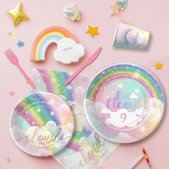 Pastel Rainbow Cloud 9 Birthday Decorations for Girls Tableware, We’Re on Cloud