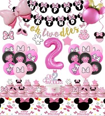 Pink Mouse Happy Birthday Banner Hanging Swirls Tablecloth Cake Topper Balloon