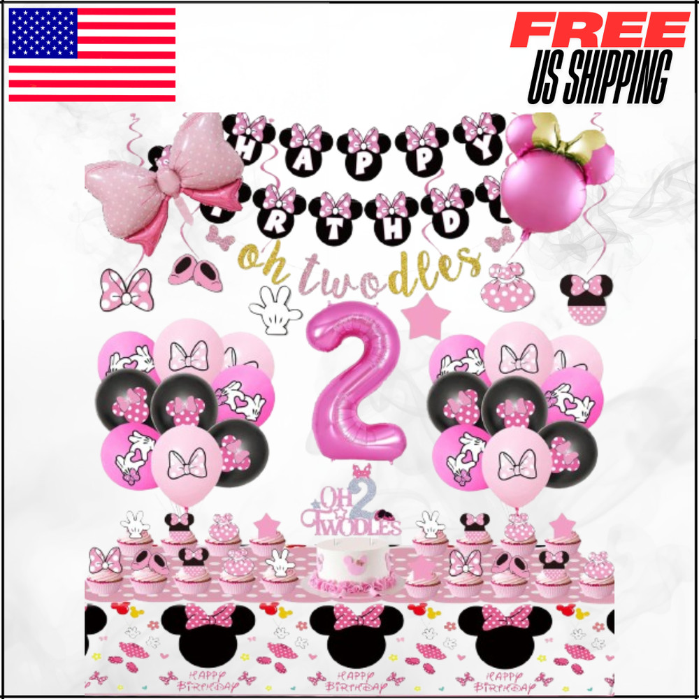 Pink Mouse Happy Birthday Banner Hanging Swirls Tablecloth Cake Topper Balloon