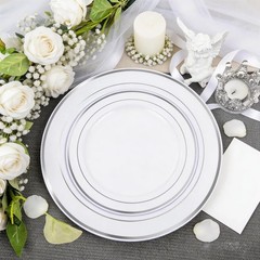 FLOWERCAT 60PCS Silver Plastic Plates – Heavy Duty White and Silver Plastic P…