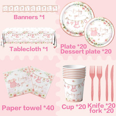 Rose Gold Baby Shower Tableware Set,Pink Girl Baby Shower Plates and Napkins Set