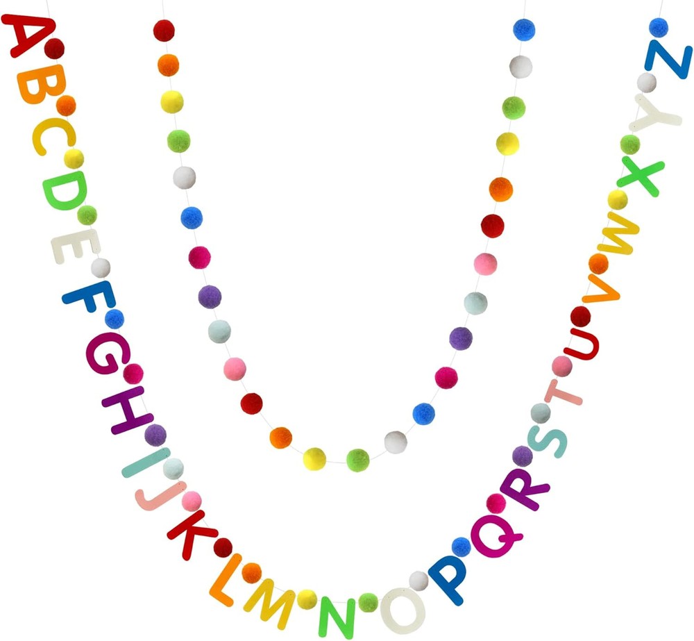 2 Pieces Alphabet Garland Rainbow ABC Wall Decor Colorful Pom