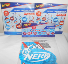 NERF Party! 1 Banner Kit, 2 pkg. 12 CUTOUTS, 3 pkg. 12 SPIRAL DECORATIONS NIP