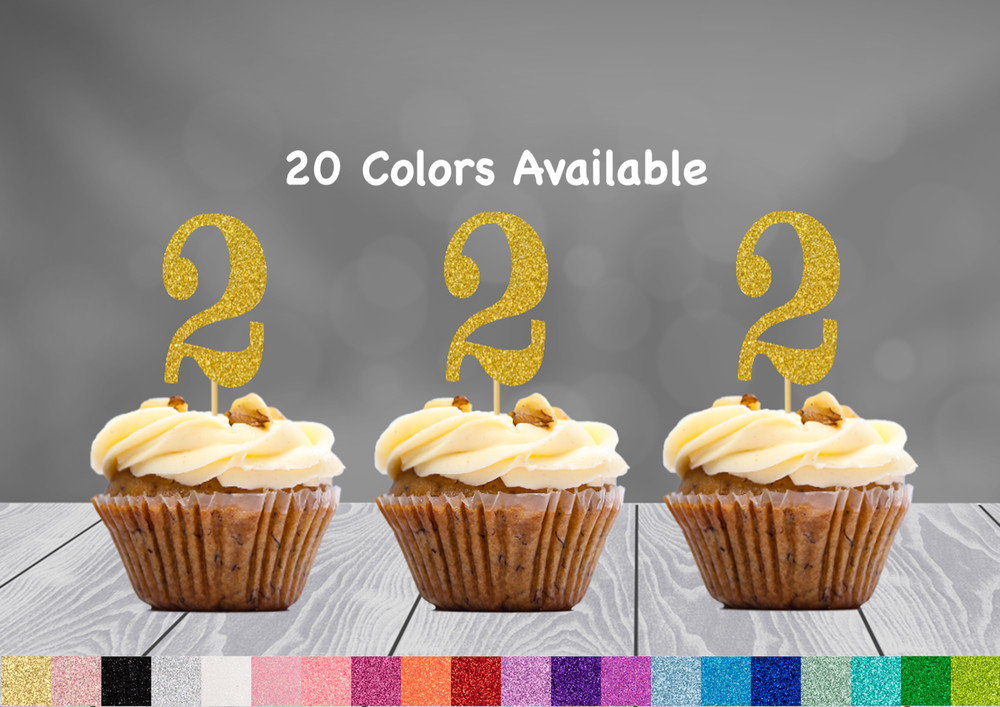 2nd Birthday Decoration Cupcake Toppers (SET of 12) 20 Glitter Colors Available