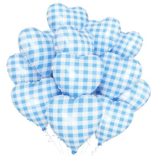 Blue White Checkered Heart Balloons,12Pcs 18Inch Light Heart Shaped Blue Grid