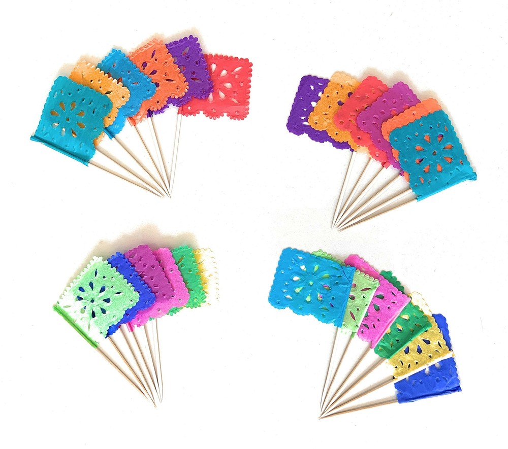 Set of 24 Pcs Multi-Colored Mini Mexican Paper Papel Picado Tissue Banner Fla…