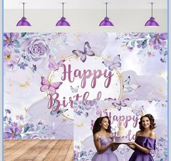 Purple Butterfly Birthday Backdrop for Girl, Purple Floral Butterfly Birthday Pa
