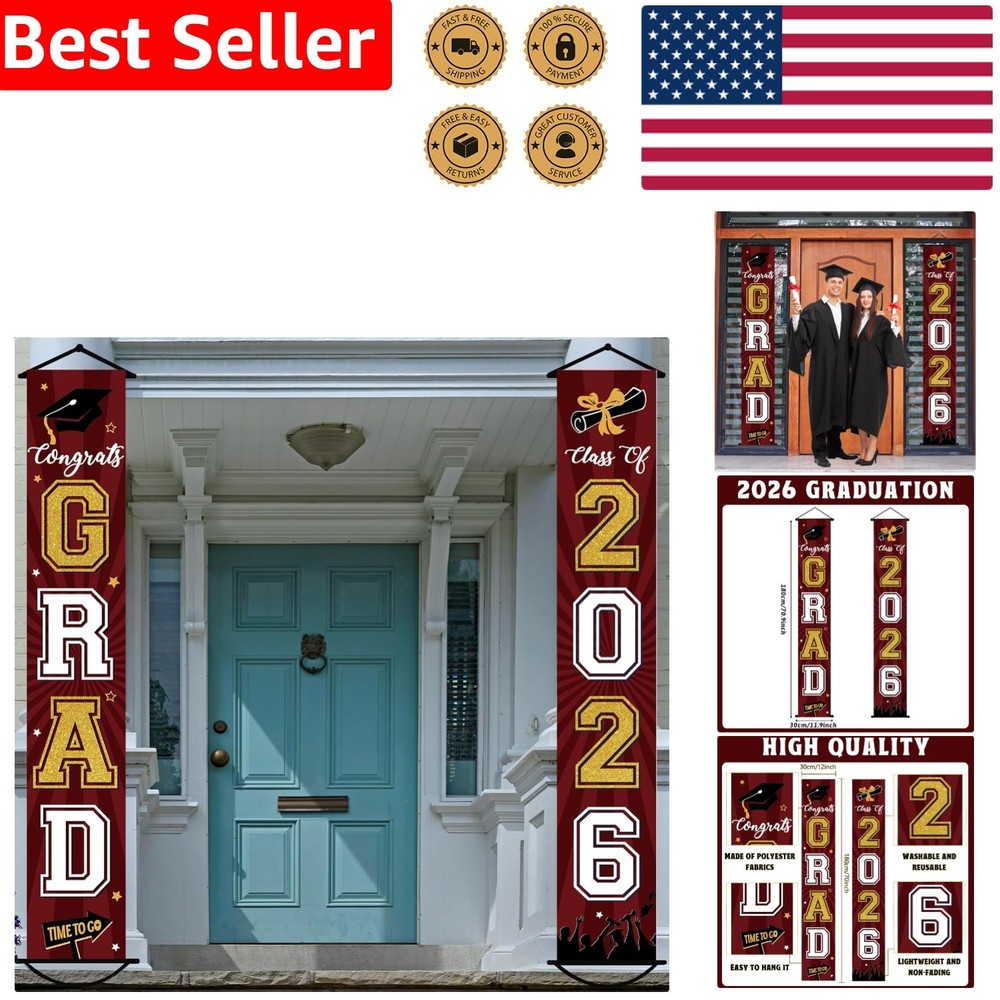 Graduation Party Supplies 2026 Maroon Gold Banner Decor Congrats Grad Porch Sign