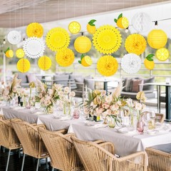 22pcs Summer Lemon Party Decorations – Yellow Hanging Paper Fans, Pom Poms, L…