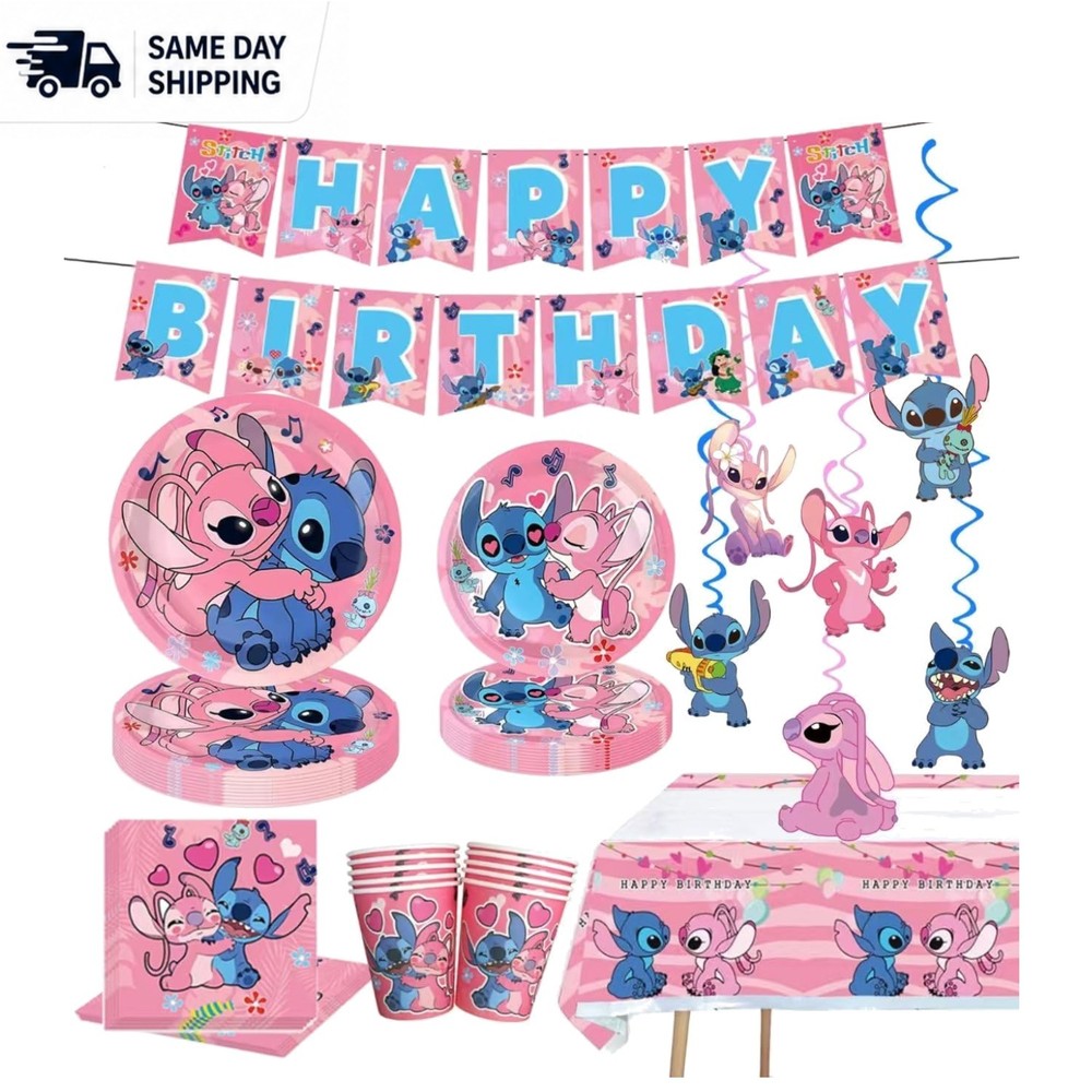 88 Pcs Cute Pink Stitch Party Supplies Set for Enchanting Birthday Celebrations