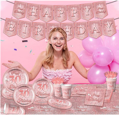 142pcs 30th Birthday Rose Gold Supplies Glitter Pink Rose Gold Tableware Include