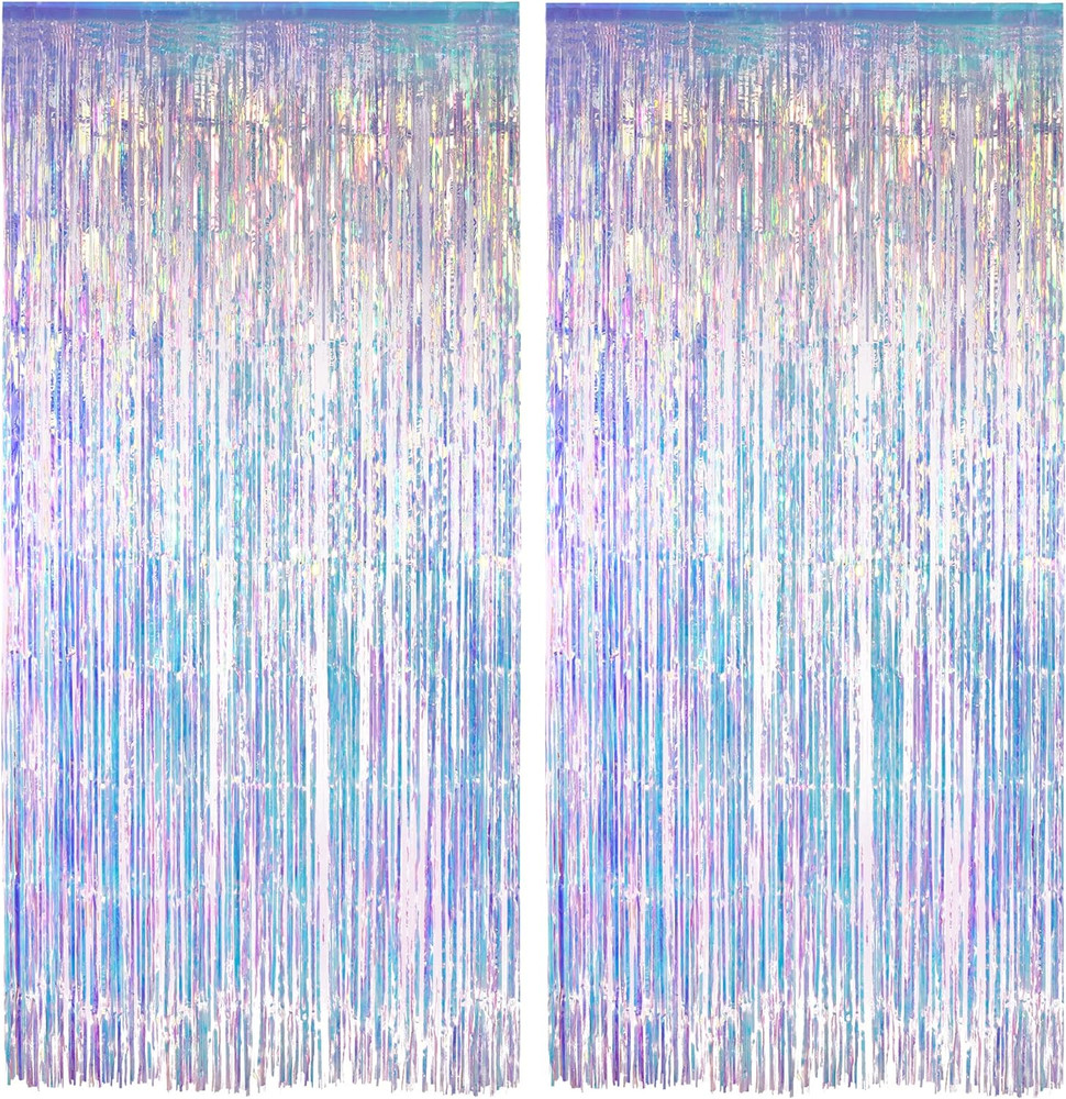 Iridescent Party Streamers Backdrop – Neon Transparent Holographic Tinsel Foil
