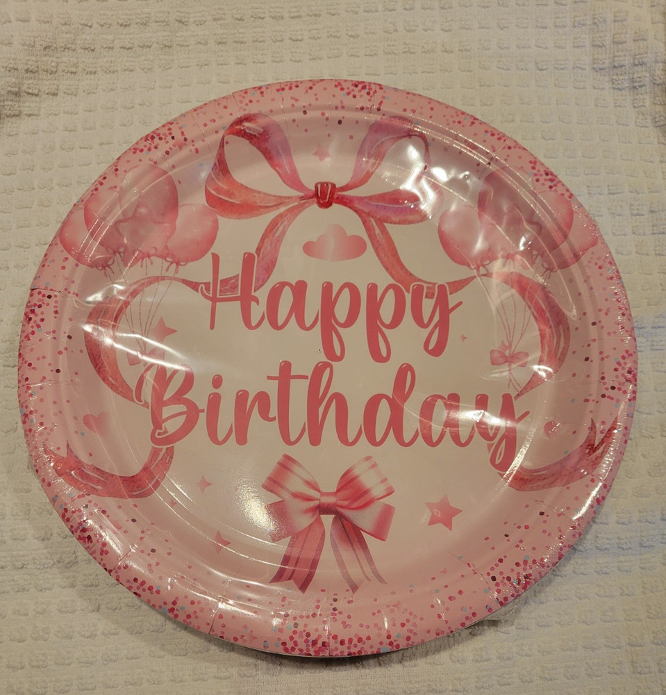 Pink Bow Birthday Decorations for 24 Guests – Plates, Napkins, Forks, Cups, etc.