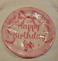 Pink Bow Birthday Decorations for 24 Guests – Plates, Napkins, Forks, Cups, etc.
