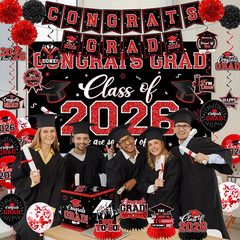 Graduation Decorations Class of 2026,Red Graduation Party Supplies- Congrats Gra