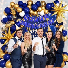 Blue and Gold Birthday Decorations, Blue Gold White Foil Balloons Happy Birth…