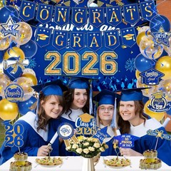 Blue Gold Graduation Decorations 2026 Congrats Grad Banner Cake Topper Balloons