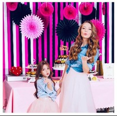 17PCS Hanging Paper Fan Party Decorations & Paper Streamers Pink/Black/White