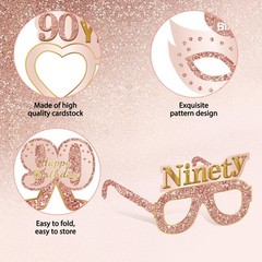 24PCS 90th Birthday Paper Eyeglasses Decorations for Women, Pink Rose Gold Ha…