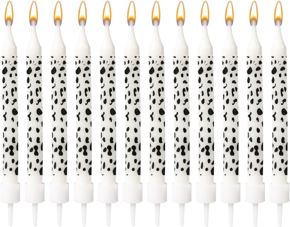12pcs Cow Candles, Print Cake Topper Birthday Party Candles Black, White