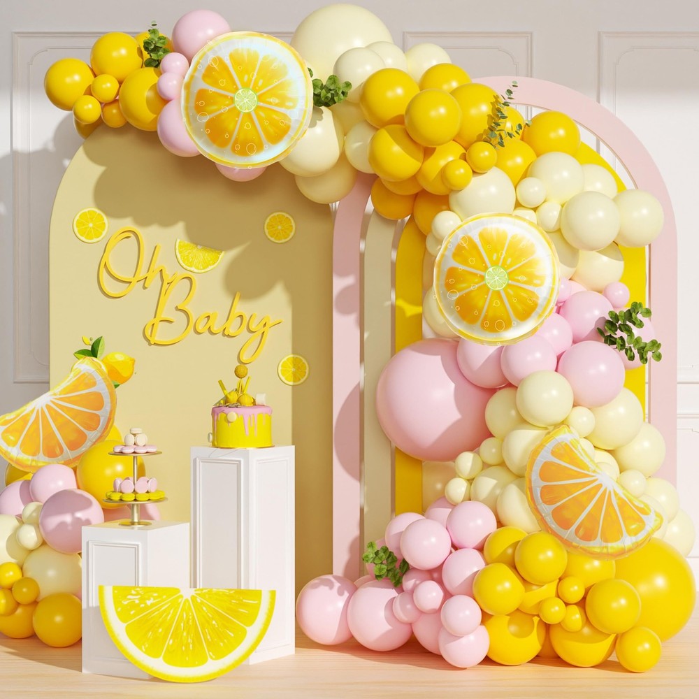 Lemon Balloon Arch, Pink and Yellow Balloon Arch Kit with Pastel Yellow Light…