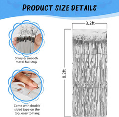 Silver Party Streamers 3Pack Metallic Tinsel Foil Fringe Curtains 3.2Ft X 8.2Ft