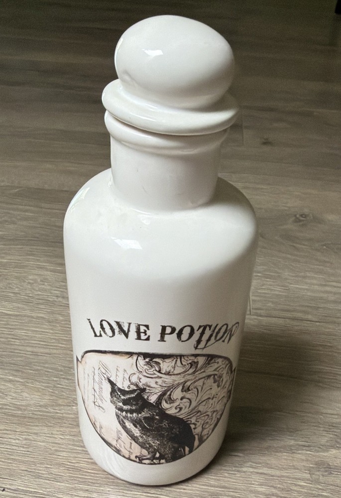 Decorative White Glass Bottle «Love Potion”Halloween Spooky Wicca Potion