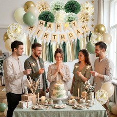 ANSOMO Sage Green Happy Birthday Party Decorations Retro Green Nude Ivory Dark O