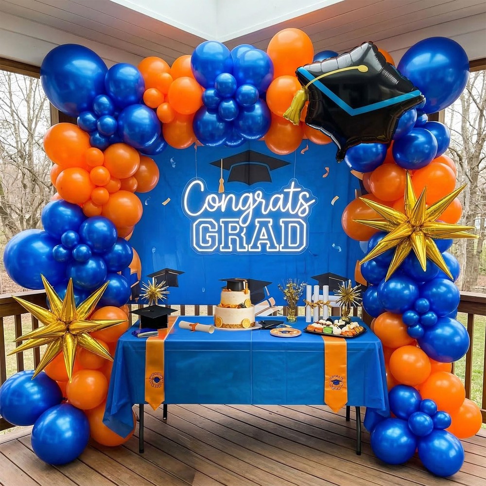 Orange and blue Graduation Balloon Garland Arch Kit with foil star crown grad…