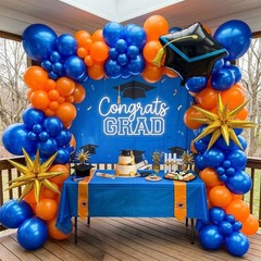 Orange and blue Graduation Balloon Garland Arch Kit with foil star crown grad…