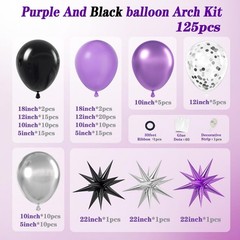125pcs Purple and Black Balloon Garland Arch Kit, Sliver Confetti Metallic Pu…