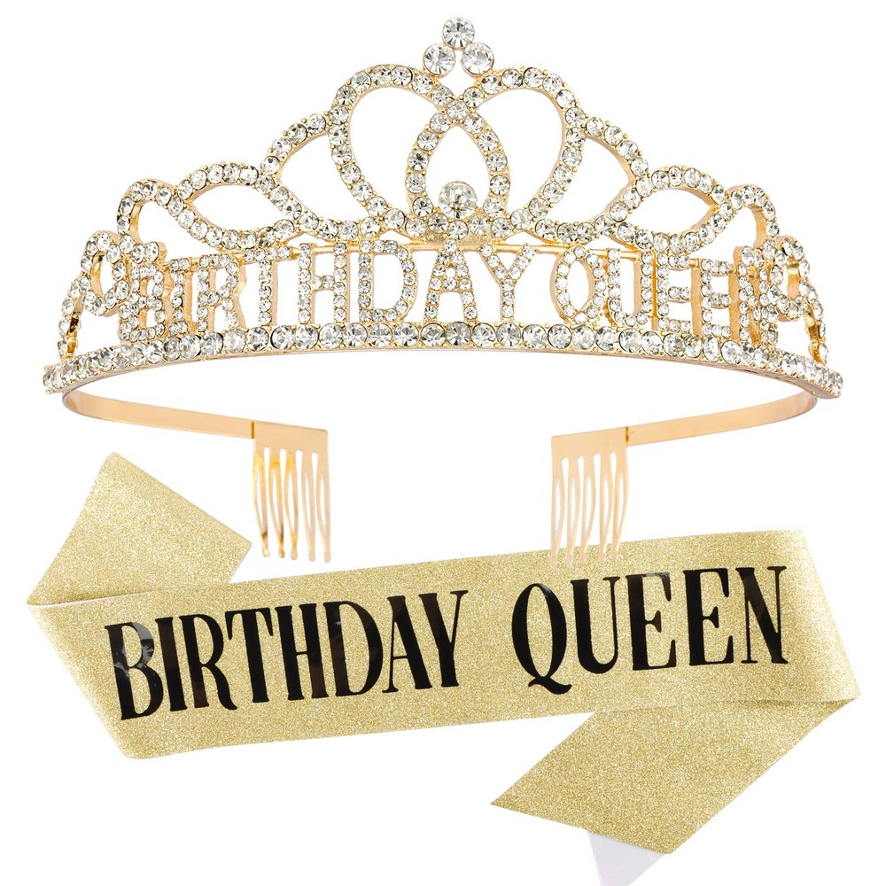 CAVETEE Gold Birthday Crowns and Sash – Queen Tiara for 2 Piece Set,