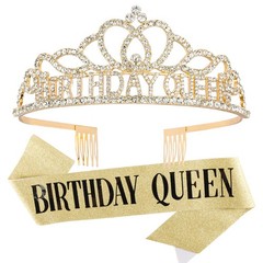 CAVETEE Gold Birthday Crowns and Sash – Queen Tiara for 2 Piece Set,