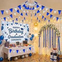 3P Blue Silver Party Decorations – Metallic Fabric Triangle Pennant Banner Fl…