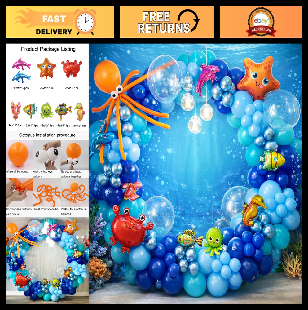 Ocean Themed Party Decorations 165pcs Balloon Arch Kit, Marine Animals, Under Se